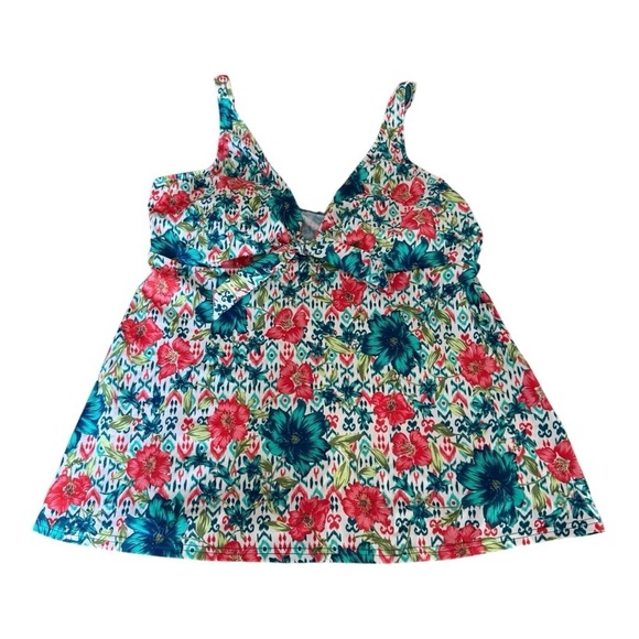 Swim Solutions Tropical Orange Blue Green Printed Bow Tummy-Control Tankini‎ Top - Picture 2 of 8